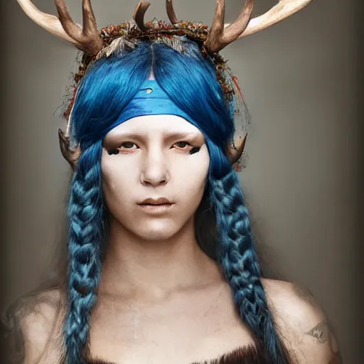 Prompt: A young female shaman, blue hair and antlers on her head. blindfolded, heilung, in the style of Heather Theurer, headshot photoshoot, insanely detailed and intricate, beautiful, elegant, cinematic toplight, portrait, headroom, artstation, made by karol bak