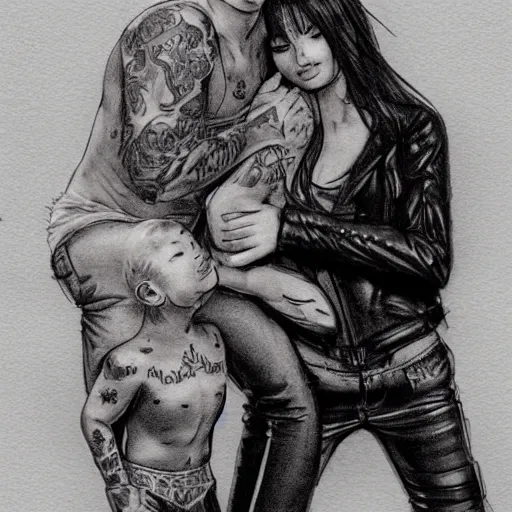 Image similar to Hot young woman, grey skin, tattoos, wearing leather and cuddling her little brother concept art