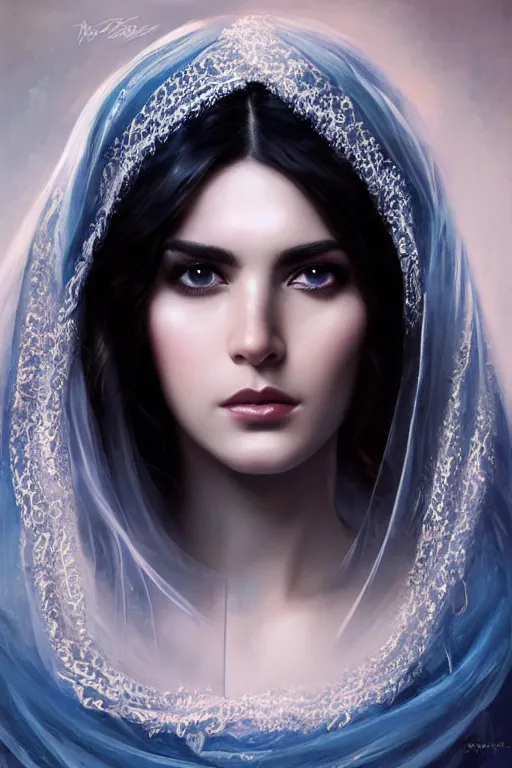 Image similar to Ameera al-Taweel, blue eyes, long wavy black hair, white veil, closeup, focus face, elegant, highly detailed, centered, oil painting, artstation, concept art by tom bagshaw