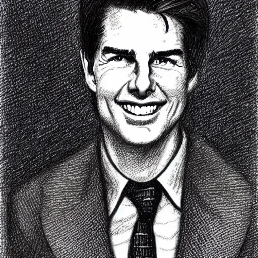 Image similar to a portrait drawing of Tom Cruise drawn by Robert Crumb