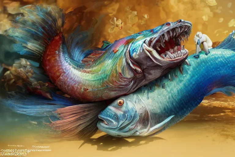 Image similar to of a very beautiful scene. ambient occlusion render. a sweet fat old woman is giving a birth to a huge colorful fish. hyper realistic. 4 k. wide angle. wild happiness. symmetrical face, red mouth, blue eyes. deep focus, lovely scene. ambient occlusion render. concept art. artstation. unreal engine.