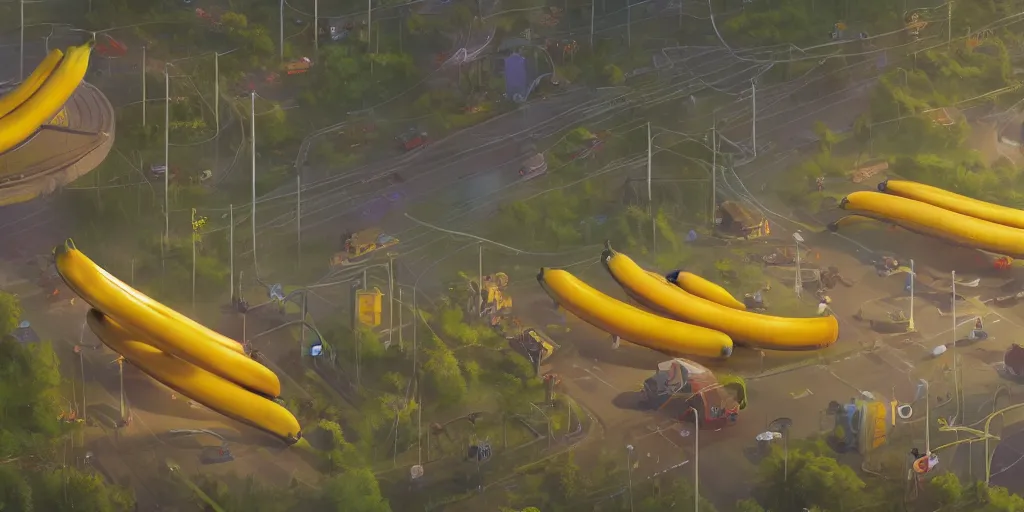 Image similar to the existence of bananas by Simon Stalenhag, trending on artstation, 8k, octane rendered, highly detailed