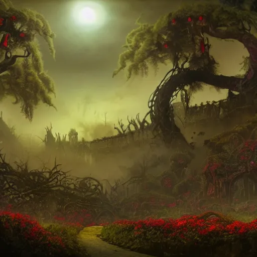 Image similar to An incredibly beautiful but ominous matte painting depicting a profusion of evil carnivorous vines and colorful flowers and lush exotic trees and bloated toadstools, with horrifying huge burning eyes and jagged bloody teeth, overgrowing a desolate ruins submerged in fog beneath the setting sun, nvidia, vray, evening, epic scale