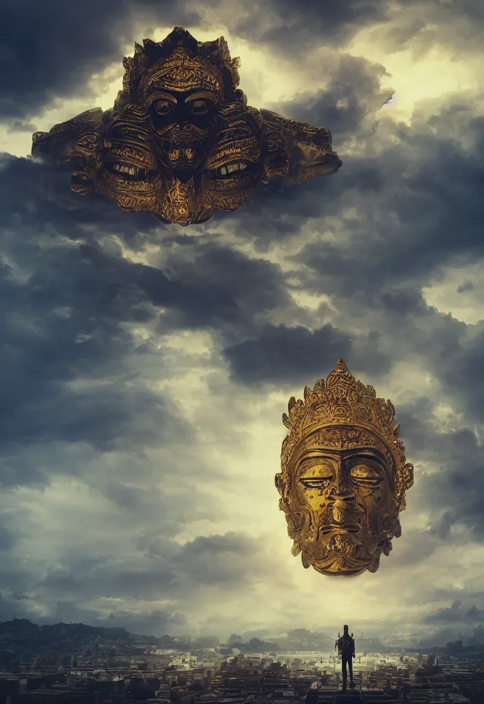 Prompt: wide shot of the floating face of a god with a million eyes on the top of a shrine, digital art, trending on artstation, golden color palette, dynamic composition, realistic clouds, 4k, 8k