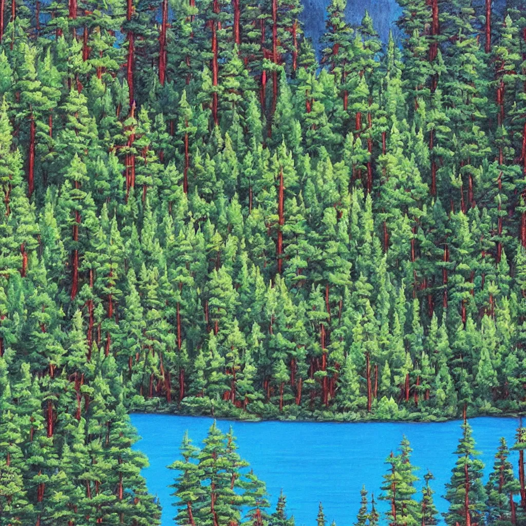 Image similar to a lake surrounded by pine trees painted by Bob Ross