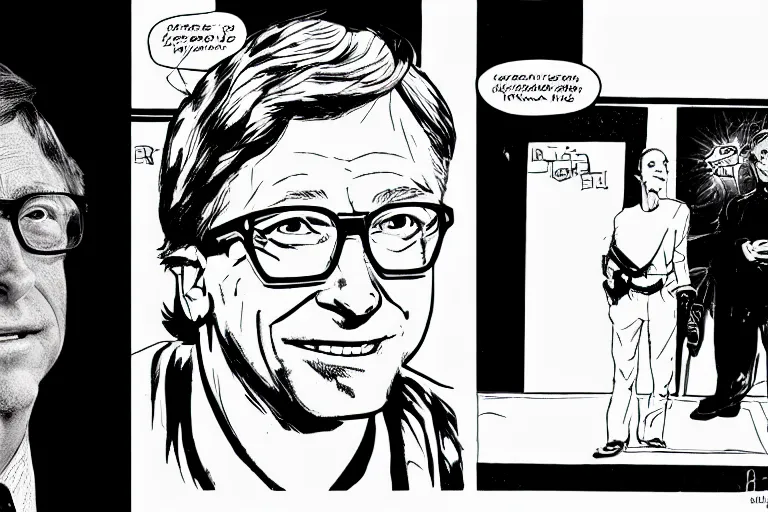 Prompt: bill gates doing a presentation, a page from cyberpunk 2 0 2 0, style of paolo parente, style of mike jackson, adam smasher, johnny silverhand, 1 9 9 0 s comic book style, white background, ink drawing, black and white