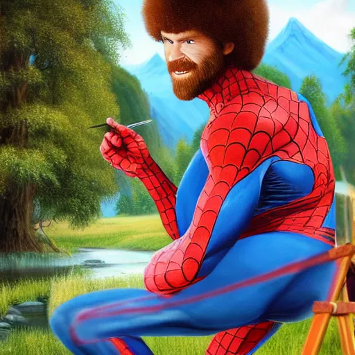 Image similar to a closeup photorealistic photograph of bob ross working on a canvas painting of spiderman. film still. brightly lit scene. mountains and trees. this 4 k hd image is trending on artstation, featured on behance, well - rendered, extra crisp, features intricate detail, epic composition and the style of unreal engine.