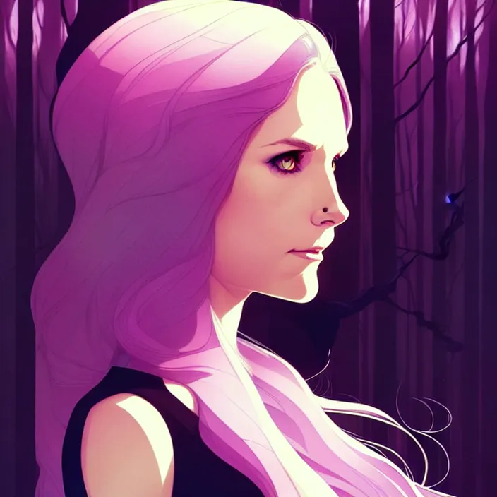 Image similar to style artgerm, joshua middleton, phil noto, beautiful kristen bell with black dress, very long white hair, symmetrical face, symmetrical eyes, purple fire powers fire swirling, detailed, forest setting, cinematic lighting