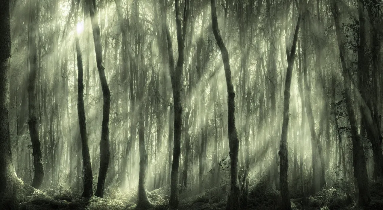 Image similar to forest mist sun beams mysterious scary deep dark hyper realistic detailed graphic novel illustration