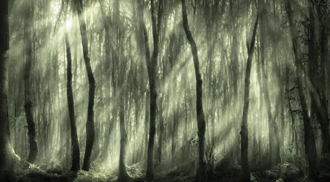 Prompt: forest mist sun beams mysterious scary deep dark hyper realistic detailed graphic novel illustration