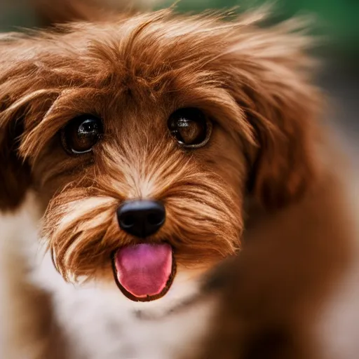 Image similar to closeup portrait of a small light brown furry dog with tongue licking its nose, natural light, sharp, detailed face, magazine, press, photo, Steve McCurry, David Lazar, Canon, Nikon, focus