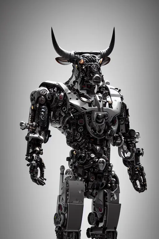 Image similar to a full body shot of a cyborg ( bull ) modeled after a bull looking into the camera, android, cyborg, full body shot, intricate, 3 d, hyper realism, fantasy, depth of field, octane render, symmetrical, highly detailed, digital art, artstation, concept art, cinematic lighting, trending