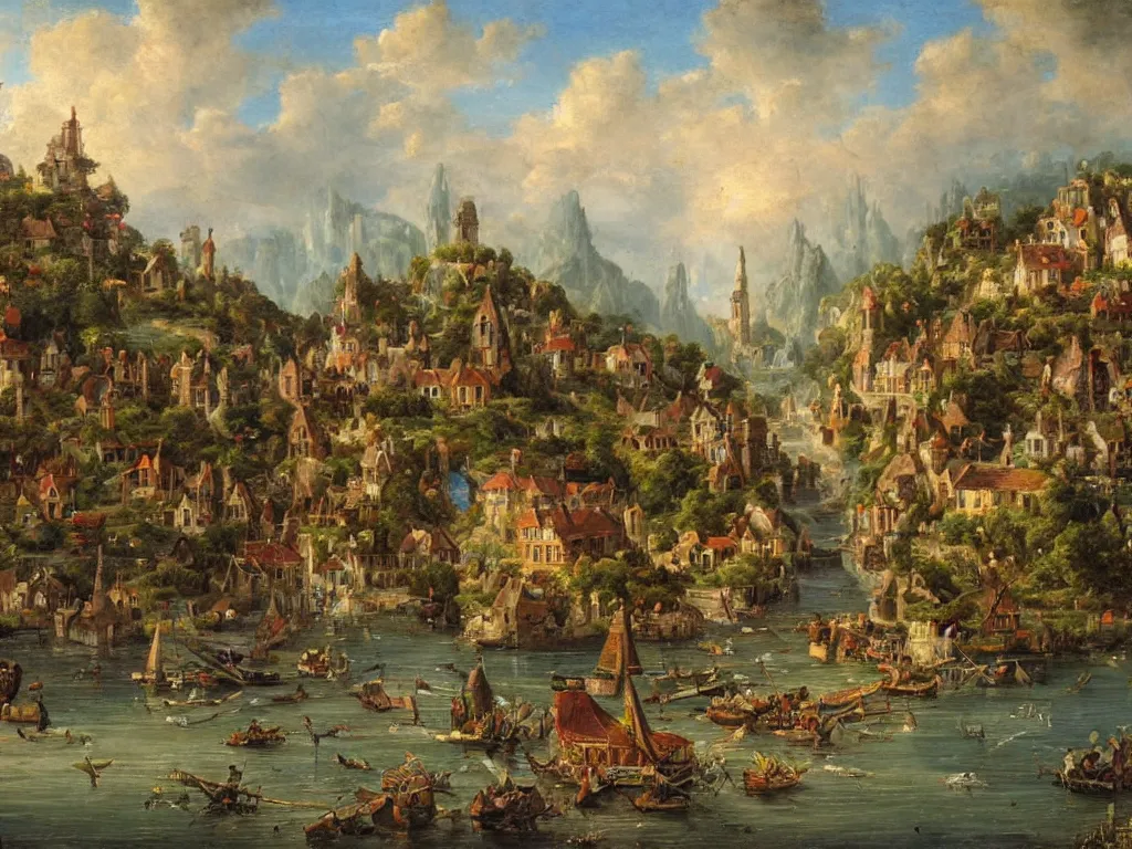 Image similar to a fantasy village, viewed from the harbor, by jean - baptist monge,