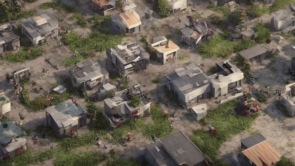 Prompt: A prefabricated housing unit in a neighborhood of established homes being crushed by a giant violent raving angry ogre, chaos, octane render, extreme detail, 8k