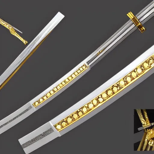 Prompt: a hyper realistic katana that is made out of diamonds and gold and silver 4 k