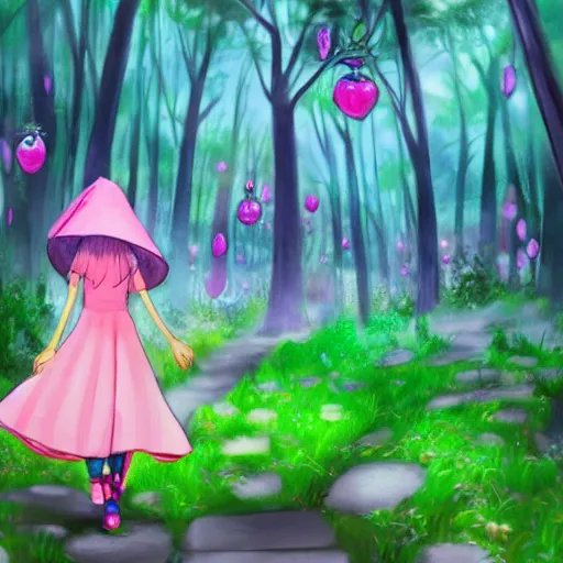 Prompt: a pink mage wearing a small satchel and a pink witch's hat walking through a lush psychedelic forest, concept art, anime