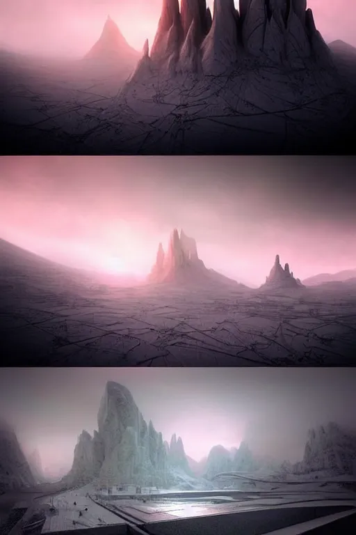 Prompt: futuristic atmosphere in the snowy mountains dolomites 3 d concept art, cinematic lighting, pale pink sunset, rule of thirds, depth of field, intricate details, building by zaha hadid, stormy weather, emissary space by arthur haas and bruce pennington and john schoenherr, cinematic matte painting, dark moody monochrome colors, trending on artstation, featured on behance