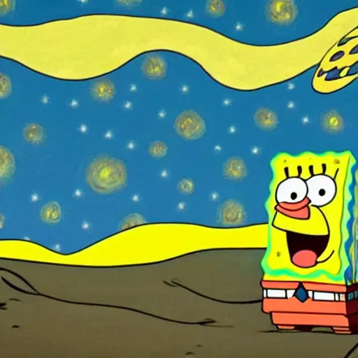 Image similar to a still from spongebob in the style of starry night