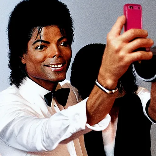 Prompt: micheal jackson taking a selfie with rick astley