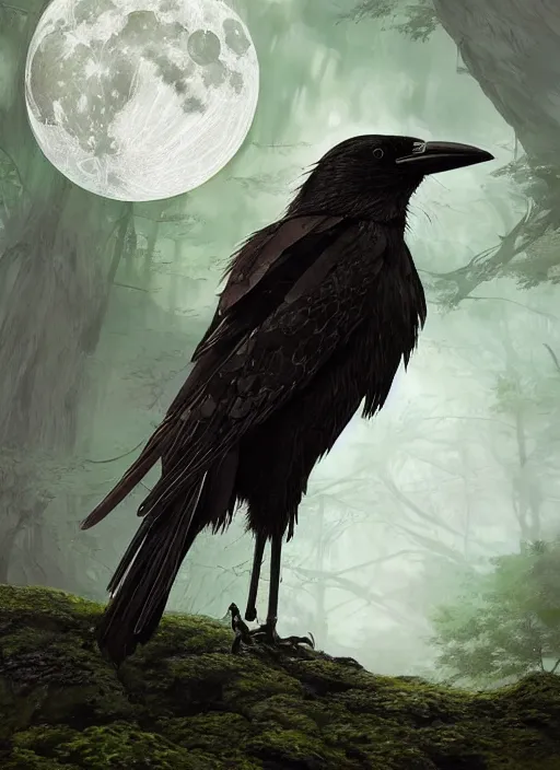 Image similar to glowing silver and golden elements, realistic crow, book cover, green forest, white moon, establishing shot, extremly high detail, photo-realistic, cinematic lighting, by Yoshitaka Amano, Ruan Jia, Kentaro Miura, Artgerm, post processed, concept art, artstation, matte painting, style by eddie mendoza, raphael lacoste, alex ross