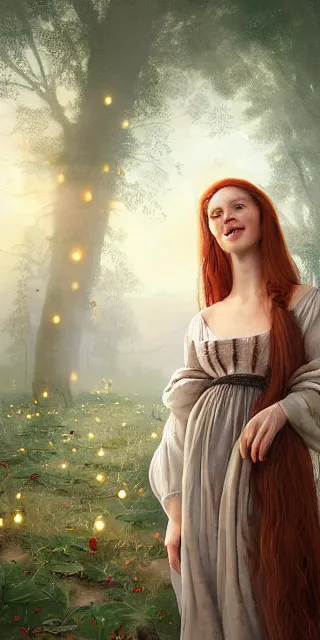 Image similar to young woman, serene smile, surrounded by firefly lights, full covering intricate detailed dress, amidst nature, long red hair, precise linework, accurate green eyes, small nose with freckles, beautiful smooth oval shape face, empathic, expressive emotions, dramatic lights, hyper realistic ultrafine art by artemisia gentileschi, jessica rossier, boris vallejo