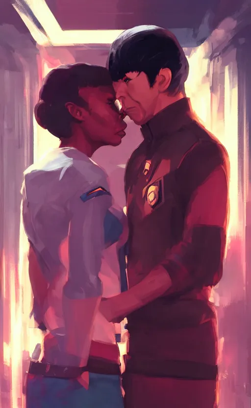 Image similar to Uhura and Spock caught about to kiss, surprise, cute, innocent, soft lighting, standing in a starbase bar, In style of Yoji Shinkawa, wojtek fus, by Makoto Shinkai, concept art, highly detailed