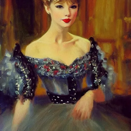 Image similar to Taylor Swift at the Russian ball, ballerina, 1950s, modest, elegant clothing, tiara, mild impressionism, award winning, photorealistic, by Ilya Repin