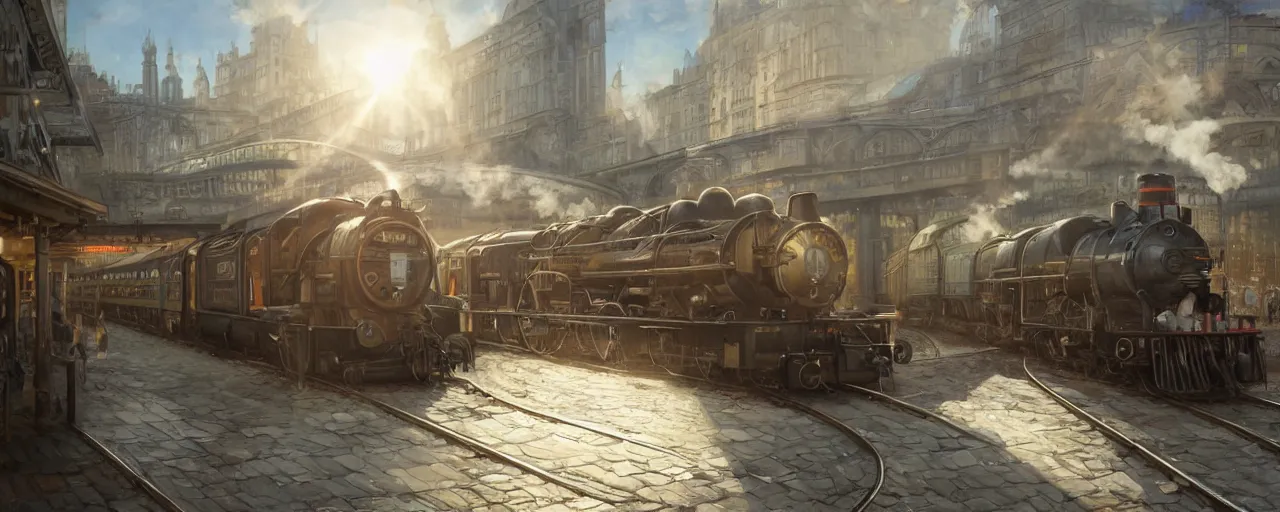 Prompt: photorealistic subway station with arriving steam trains, daylight, sunlight, lens flare, highly detailed, digital painting, artstation, concept art, smooth, sharp focus, 8k, photorealistic, 25mm f/1.7 ASPH Lens, ultra realistic steampunk illustration, art by greg rutkowski and alphonse mucha