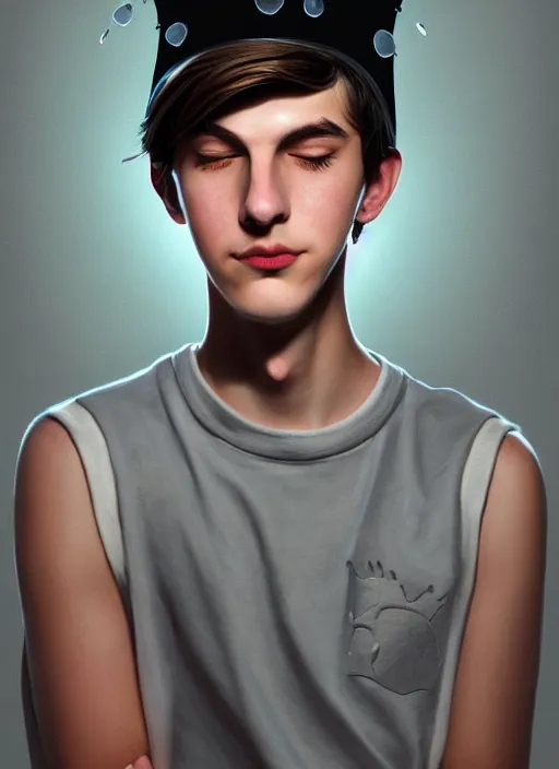 Image similar to portrait of teenage jughead jones wearing a light grey crown, crown, hamburger background, eyes closed, crown, black hair, intricate, elegant, glowing lights, warm lighting, highly detailed, digital painting, artstation, concept art, smooth, sharp focus, illustration, art by wlop, mars ravelo and greg rutkowski