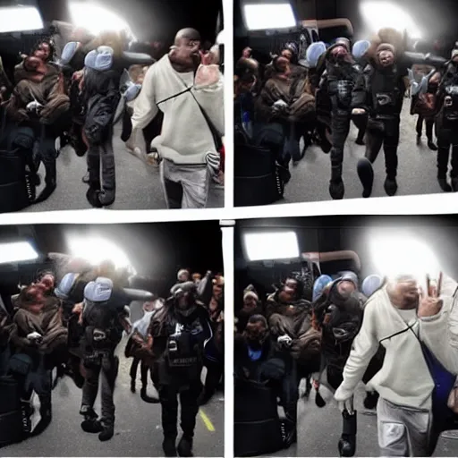 Image similar to rapper leaving a police station surrounded by paparazzi and fans after being arrested, ultra realistic, photorealistic, dynamic light, symmetry faces, cinematic