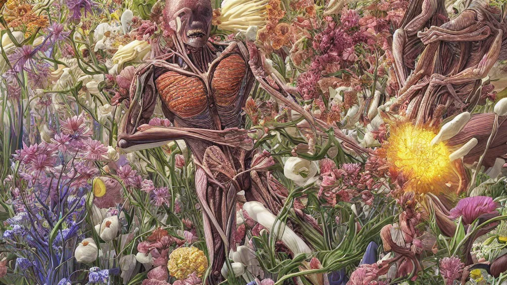 Image similar to highly detailed illustration of a human anatomy body exploded by all the known species of flowers by juan gatti, by makoto shinkai, by moebius!, by oliver vernon, by joseph moncada, by damon soule, by manabu ikeda, by kyle hotz, by dan mumford, by kilian eng