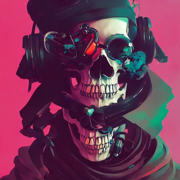 Image similar to a colorful comic noir illustration painting of a cyberpunk skull by sachin teng and sergey kolesov and ruan jia and heng z. hyper detailed. octane render. trending on artstation