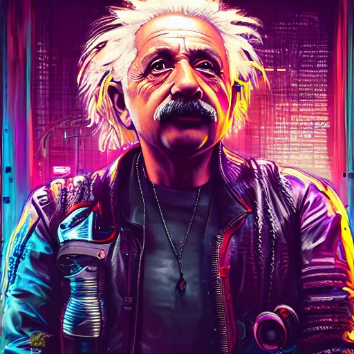 Prompt: beautiful hyper detailed illustration, high detailed portrait of albert einstein, cyberpunk2077, cyberpunk, neon, light, artstation, digital illustration