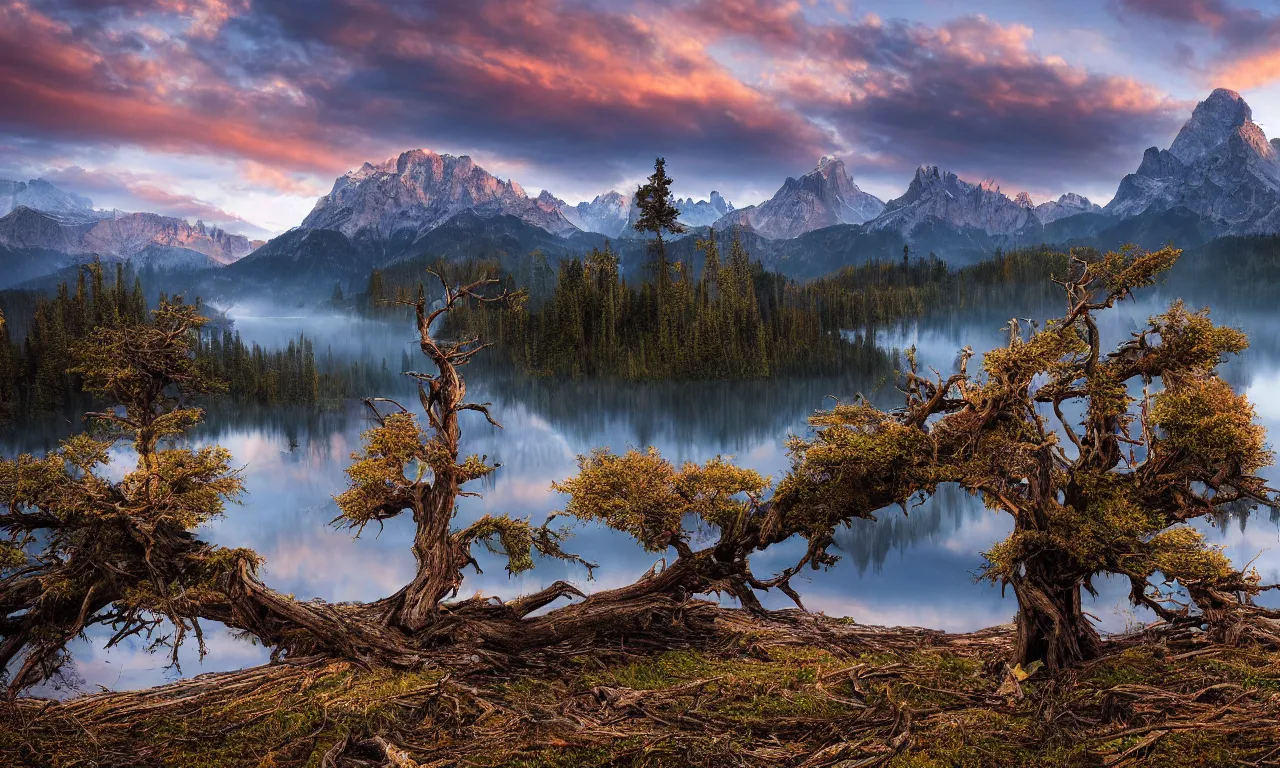 Image similar to landscape photography by marc adamus, dead tree in the foreground, mountains, lake