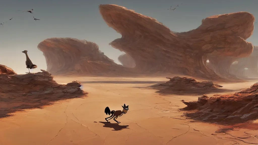 Image similar to wile e coyote chasing roadrunner across the open sand, karst landscape desert, wide shot, concept art by greg rutkowski
