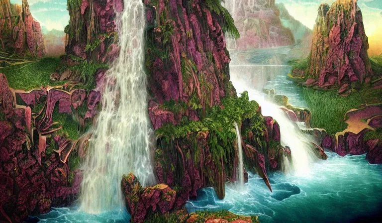 Prompt: innovative waterfall the ancient gods glitchcore landscape, Precise and Intricate Linework, Art Nouveau Cosmic 4k Detailed Matte Illustration trending on Flickr ,CGSociety, Crimson and Ecru color scheme, Pastiche by Albrecht Dürer, Pastiche by Don Maitz