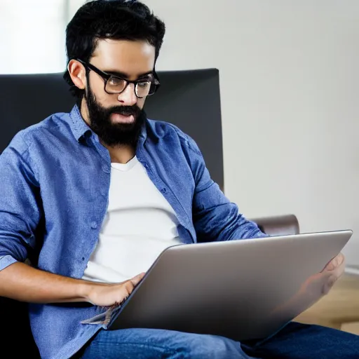 Prompt: software engineer sitting on a chair with a laptop after finding a bug that he spent several weeks debugging. highly detailed, 8 k.