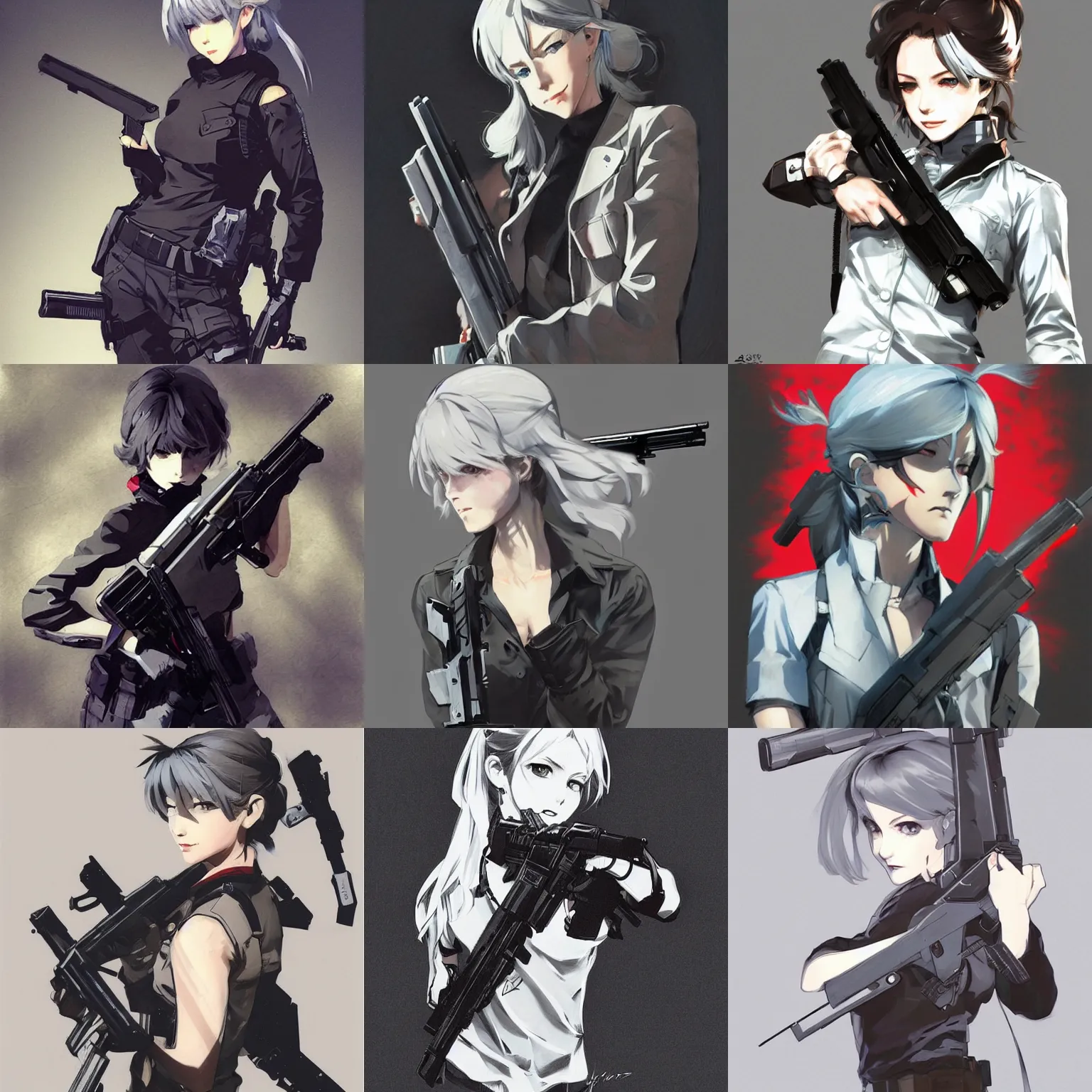 Prompt: girl silver hair, holding a gun, trending on artstation, illustration by Yoji Shinkawa and Krenz Cushart, portrait