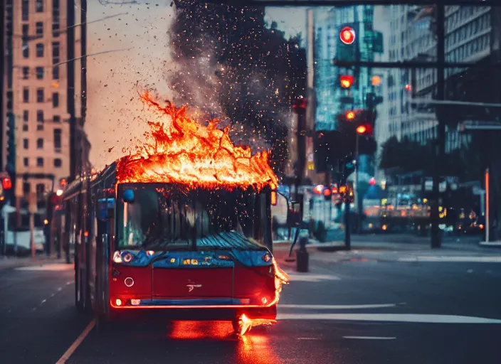 Image similar to a 3 5 mm photo of a city bus on fire, splash art, movie still, bokeh, canon 5 0 mm, cinematic lighting, dramatic, film, photography, golden hour, depth of field, award - winning, anamorphic lens flare, 8 k, hyper detailed, 3 5 mm film grain