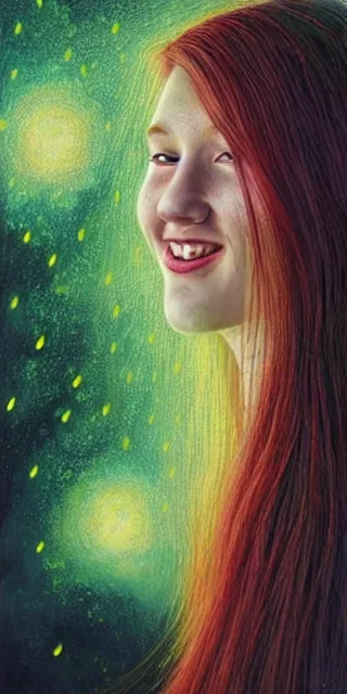 Image similar to infp young woman, smiling, amazed by golden fireflies lights, sitting in the midst of nature fully covered, long loose red hair, intricate linework, green eyes, small nose with freckles, oval shape face, realistic, expressive emotions, dramatic lights mystical scene, hyper realistic ultrafine art by michael cheval, jessica rossier, artgerm