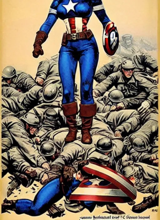 Image similar to beautiful female captain america standing on a pile of defeated german soldiers. feminist captain america wins wwii. american wwii propaganda poster by james gurney. overwatch