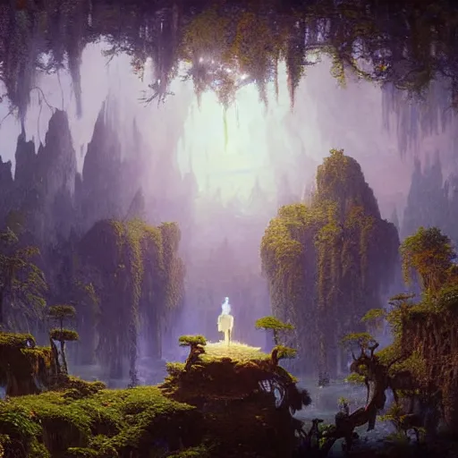 Image similar to beautiful painting, highly detailed, crystal lighting, mystical, hyperrealistic, 4 k, unreal engine, magical, by albert bierstadt, joe fenton, greg rutkowski, greg tocchini, kaws, kate beaton, and kaethe butcher