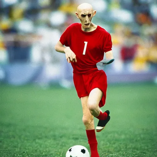Image similar to portrait of nosferatu playing alone football at the world cup, sport photography