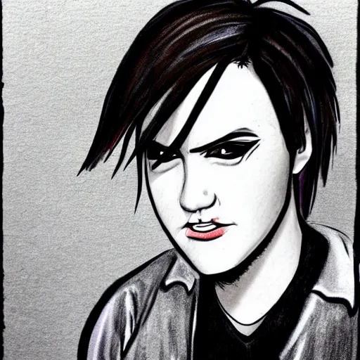 Image similar to a traditional cartoon emo/scene drawing of Gerard Way, late 2000’s, Trending on DeviantArt, dark pastel colors