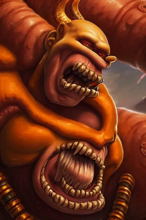 Image similar to a very detailed portrait of homer simpson mixed with garrosh hellscream from warcraft trending on artstation, digital art, 4 k, hyper realistic, splash art, sharp focus