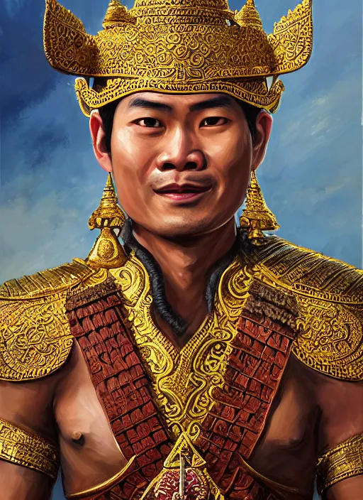 Image similar to smart ramkhamheang of sukhothai, closeup portrait, without beard and mustache, historical hero, ethnic group, tai costume, thai transitional bronze headdress, intricate, with leather armor cross on bare chest, elegant, loin cloth, highly detailed, oil painting, artstation, concept art, matte, sharp focus, illustration, hearthstone, art by earl norem