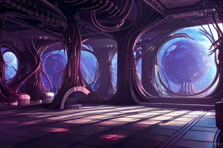 Image similar to a beautiful painting of an elaborate utopian sci - fi scene painted by hr giger and lisa frank, detailed, unreal engine, 4 k octane render, raytracing, volumetric lighting, epic, shadows,