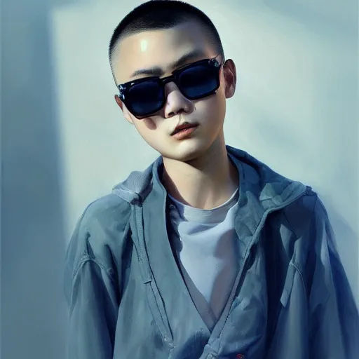 Image similar to chinese boy wearing shades with buzzcut, oil painting, artgerm, portrait, highly detailed, artstation