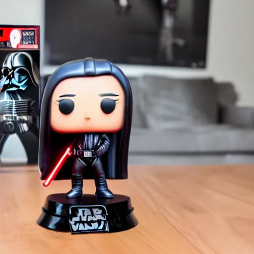 Image similar to a darth vader funko pop wielding a red lightsaber on a table inside a suburban house