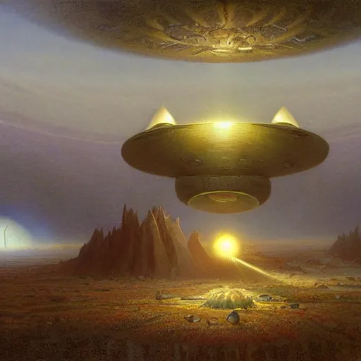 Image similar to unpublished photo of UFO, by John Howe & Quentin Mabille & Dmitry Zaviyalov & Albert Bierstadt, hyperdetailed, photorealistic